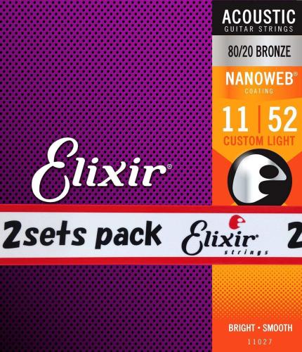Elixir NANOWEB 80/20ブロンズ 11-52 カスタムライト 2セット #11027アコースティックギター弦 お買い得な2パック