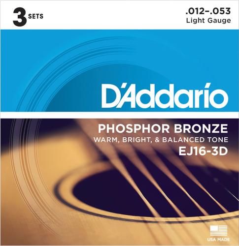 D'addario EJ16/3D フォスファーブロンズ 12-53 ライト 3セットアコースティックギター弦 お買い得な3パック
