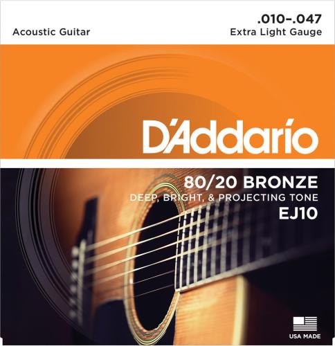 D'addario EJ10 80/20ブロンズ 10-47 エクストラライトアコースティックギター弦