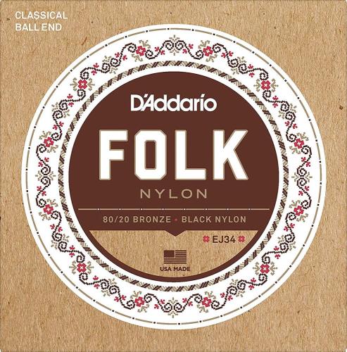 D'addario EJ34 80/20ブロンズ ブラックナイロン ボールエンドアコースティックギターナイロン弦