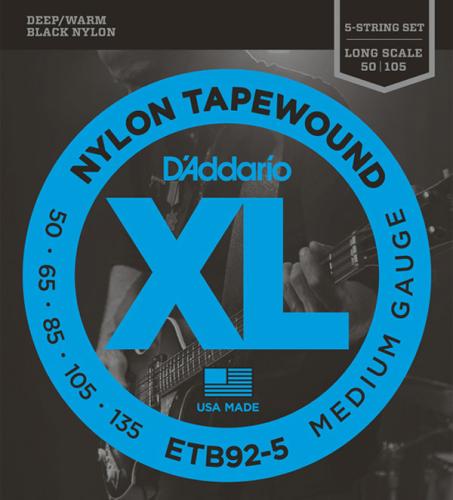D'addario ETB92-5 テーパーワウンド(フラットブラックナイロン) 50-135 5-String ミディアムゲージエレキベース弦