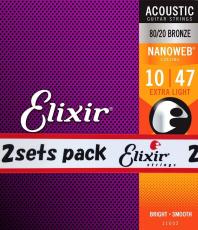 Elixir NANOWEB 80/20ブロンズ 10-47 エクストラライト 2セット #11002アコースティックギター弦 お買い得な2パッ