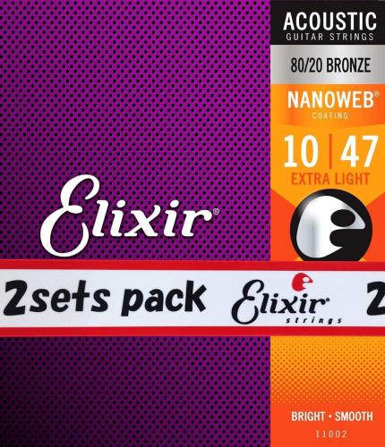 Elixir NANOWEB 80/20ブロンズ 10-47 エクストラライト 2セット #11002アコースティックギター弦 お買い得な2パッ