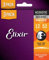 Elixir NANOWEB Bronze Light (.012-.053) 3セットボーナスパック アコースティックギター弦 1105216539