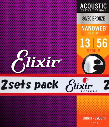 Elixir NANOWEB 80/20ブロンズ 13-56 ミディアム 2セット #11102アコースティックギター弦 お買い得な2パック