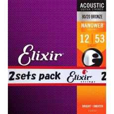 Elixir NANOWEB 80/20ブロンズ 12-53 ライト 2セット #11052アコースティックギター弦 お買い得な2パック