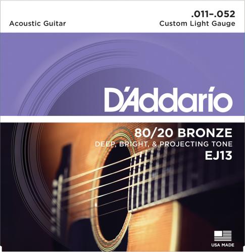 D'addario EJ13 80/20ブロンズ 11-52 カスタムライトアコースティックギター弦