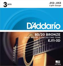 D'addario EJ11-3D 80/20ブロンズ 12-53 ライト 3セットアコースティックギター弦 お買い得な3パック