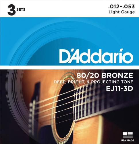 D'addario EJ11-3D 80/20ブロンズ 12-53 ライト 3セットアコースティックギター弦 お買い得な3パック