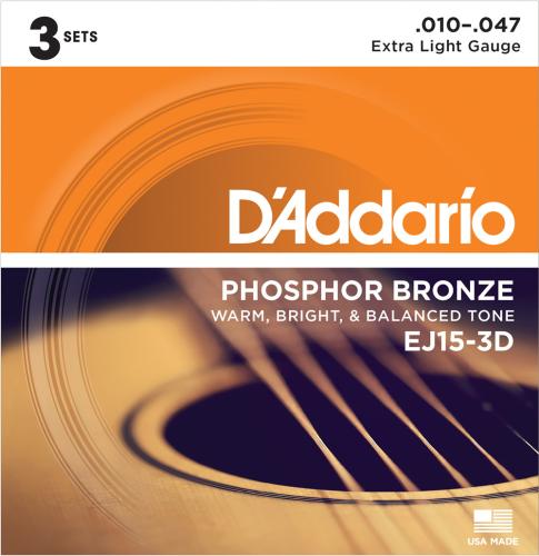 D'addario EJ15/3D フォスファーブロンズ 10-47 エクストラライト 3セットアコースティックギター弦 お買い得な3パッ