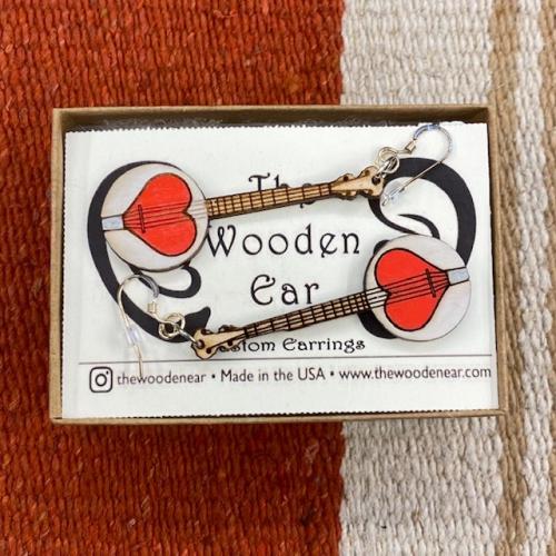 Deering Banjo Heart Wooden Earrings 