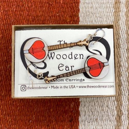 Deering Banjo Heart Wooden Earrings
