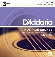 D'addario EJ26/3D フォスファーブロンズ 11-52 カスタムライト 3セットアコースティックギター弦 お買い得な3パック