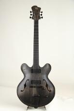Victor Baker Guitars Model 35 Chambered Semi-hollow Ebony Tail Peace & Bridge Bass / Black smoke stain_2