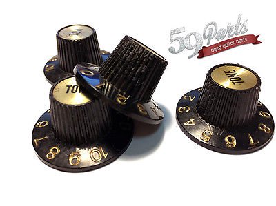 59PARTS SET OF 4 AGED RELIC GIBSON 335 WITCH HAT KNOBS BLACK/GOLD US SIZE /ノブ/ビンテージパーツ/全国一律送料無料